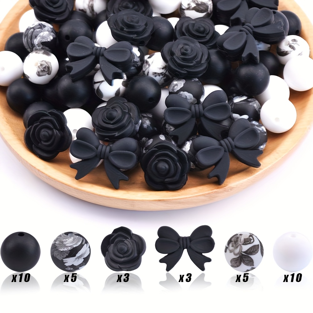 TEMU 36pcs Black Bow And Black Rose Silicone Bead Set, Ideal For Personalized Jewelryand Crafts, And A Unique Gift For Punk And Alternative Fashion