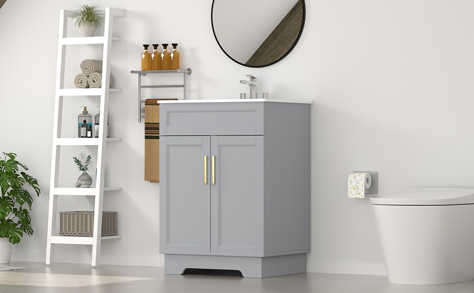 Classic Wooden Bathroom Vanity - Elegant Storage Cabinet with Ceramic Basin 13 Classic Wooden Bathroom Vanity Front View