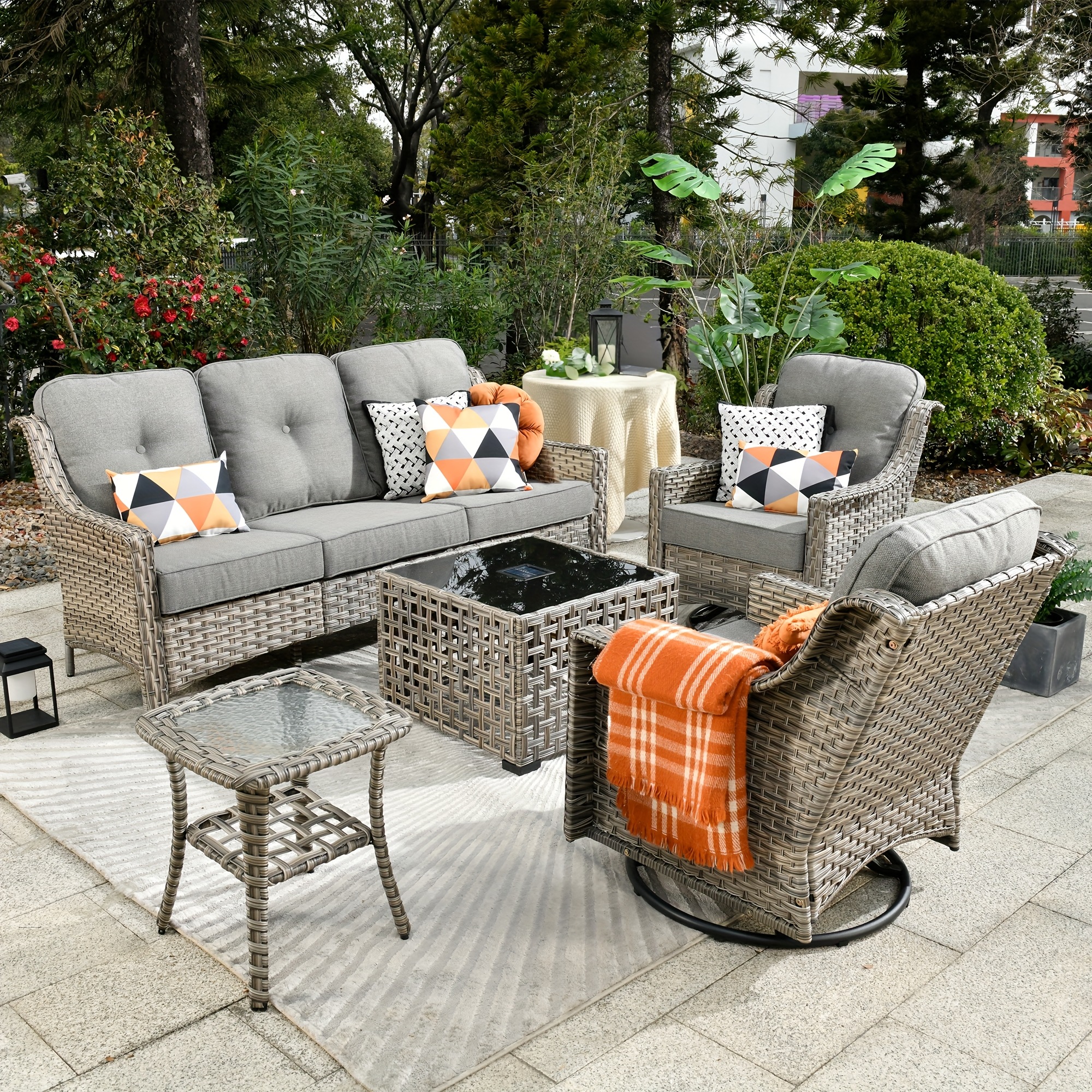 5pcs outdoor patio furniture set with 2   1 outside sofa 1 side table and 1 solar lighting glass coffee table all weather wicker patio conversation set   for garden deck and porch decor Product details 1
