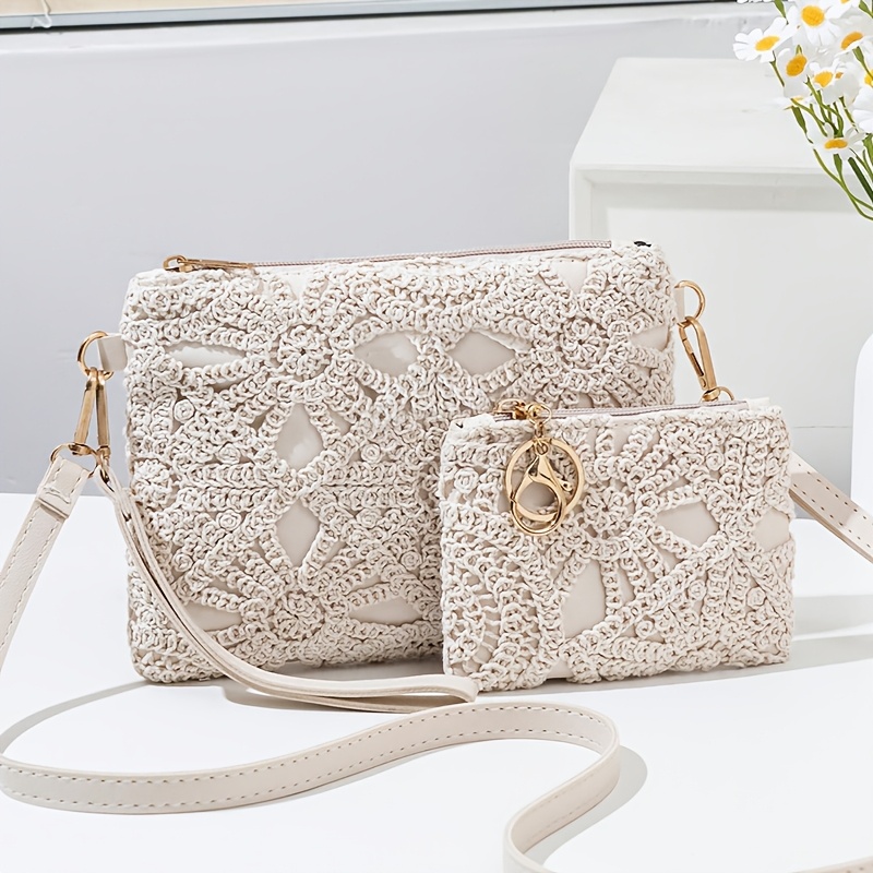TEMU Women's Crossbody Bag, Portable Single-shoulder Bag With Hollow-out Fabric, Featuring A Small Square Coin Pouch, Ideal For Daily Commuting,