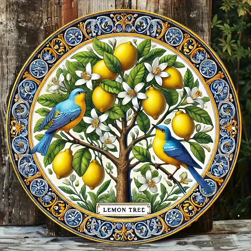 TEMU 2d Flat, 1pc 2d Flat Vintage Lemon Tree Wall Plaque - 8x8 Inch Rustic With Blue And , Bird And Lemon Artwork For Indoor/outdoor Decor - Wall Art