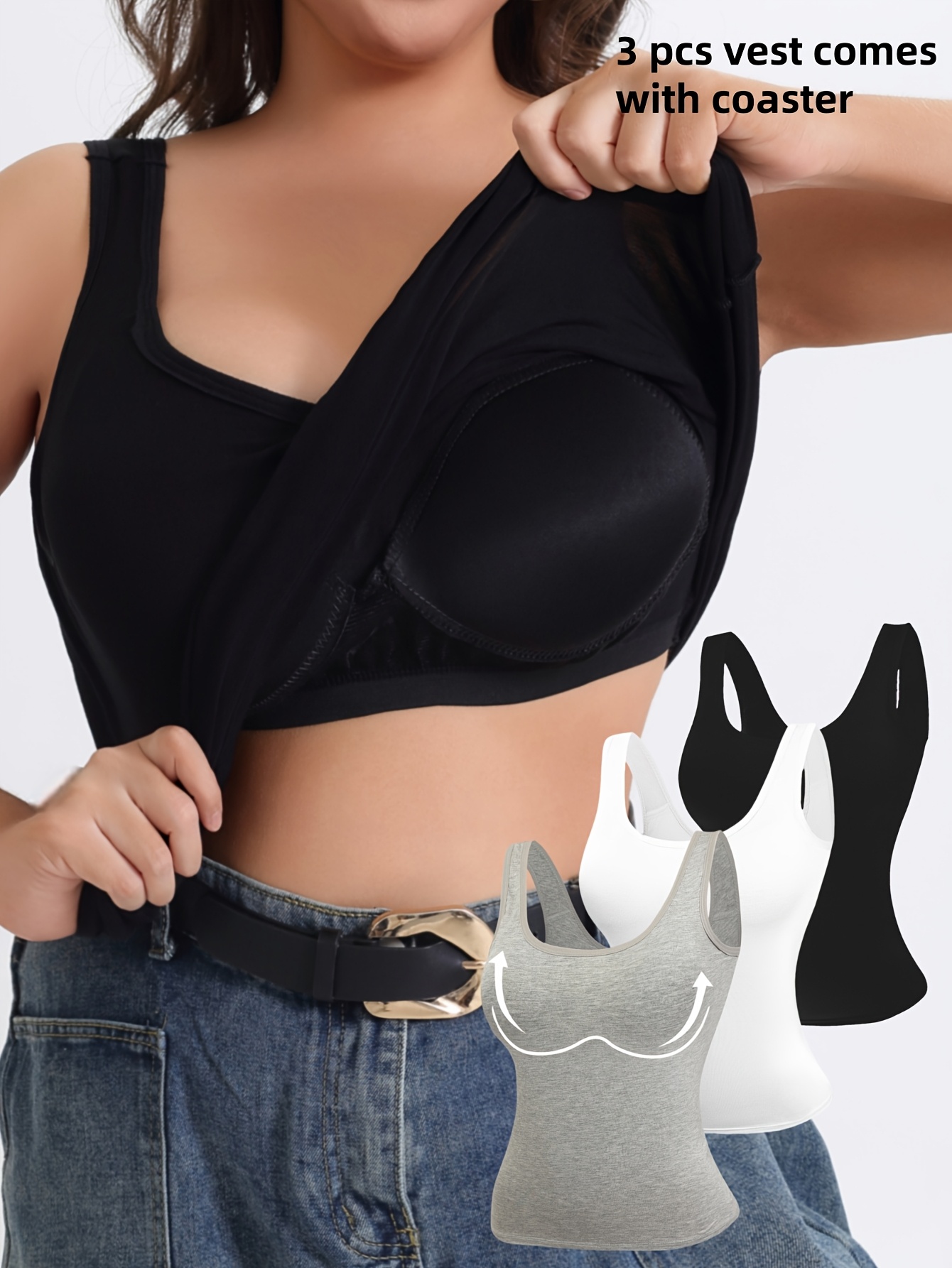3pcs set womens casual solid   easy wide strap camisole fixed all in one cup chest pad   required   commuter style
