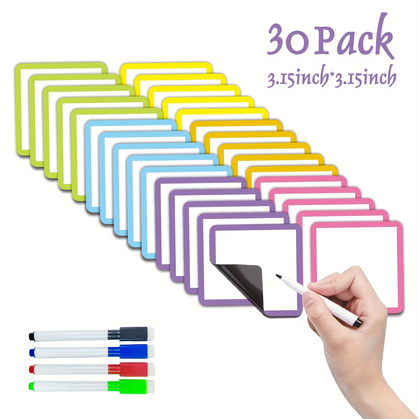 TEMU 30 Magnétiques Effaçables - Étiquettes Colorées Réutilisables avec 4 Marqueurs pour Tableaux Blanc, Frigo, Armoires et Portes - Fournitures de