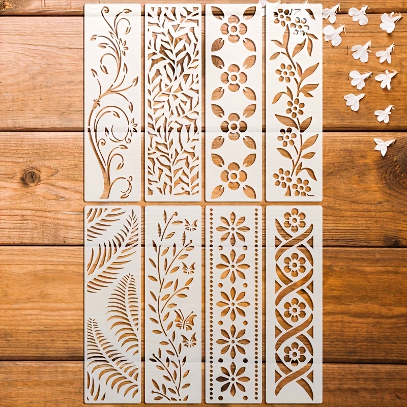 TEMU 8pcs Floral Border Stencils, Leaf Border Stencils, Washable, , Reusable Painting Stencils, Used For Home Decoration, Doors And Windows, Glass,