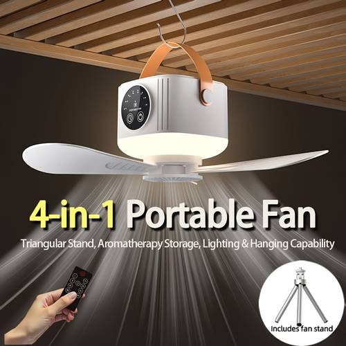 portable tent fan with triangular stand remote control usb powered hanging hook for canopy tent aromatherapy function emergency survival fan