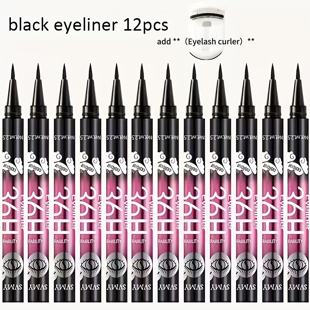 12pcs Black Eyeliner Pen,free Eyelash Curler Makeup, , Eyes, Eyeliner, , Smudgeresistant, Beauty Tool, Cosmetic Pencil, Professional Makeup, Beauty Enthusiasts - Beginner-friendly