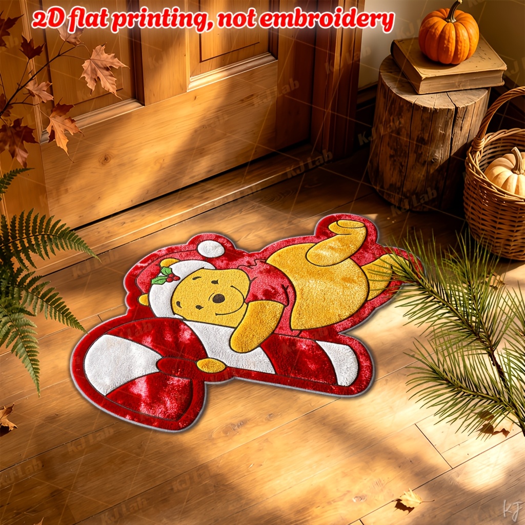 TEMU 2d Flat 1pc Irregular Floor Mat Yx515 - Little Bear Winnie The Pooh Red And White Christmas Hat With - Cozy And Cute Door Mat, Soft And
