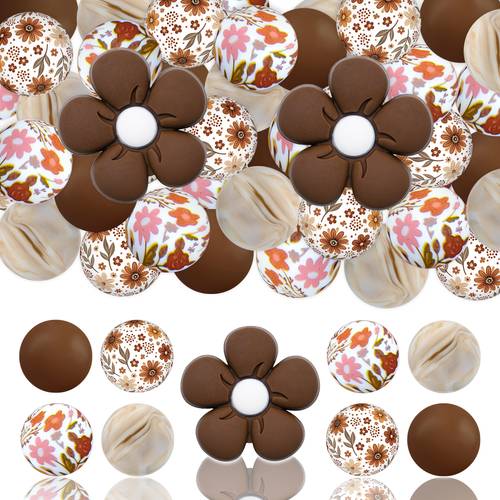 item picture 24pcs 15mm bulk beads 3d brown flower shape beads autumn leaf petal print round beads bracelets lanyards pen additions jewelry making bead set halloween christmas fall garden gift craft supplies