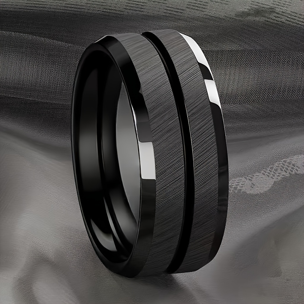TEMU 8mm Fashion 304 Stainless Steel Ring, Simple Beveled Edge, Black, With Synthetic Stone, For Daily Wear, Party, Vacation, Valentine's Day, Spring