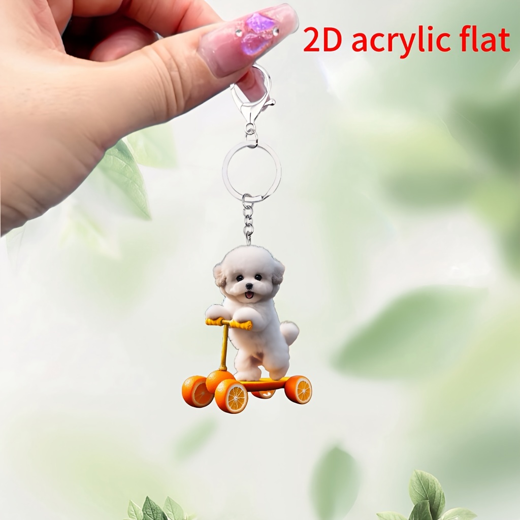 

1pc Acrylic Scooter Cute White Dog Keychain For Men, Backpack, Car Pendant Decoration