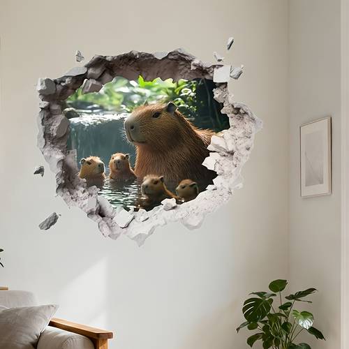 1pc capybara bathing wall sticker cute capybara wall decal 3d hole effect wall sticker creative door sticker home decor removable self suitable for bathroom living room bedroom kitchen study room decoration