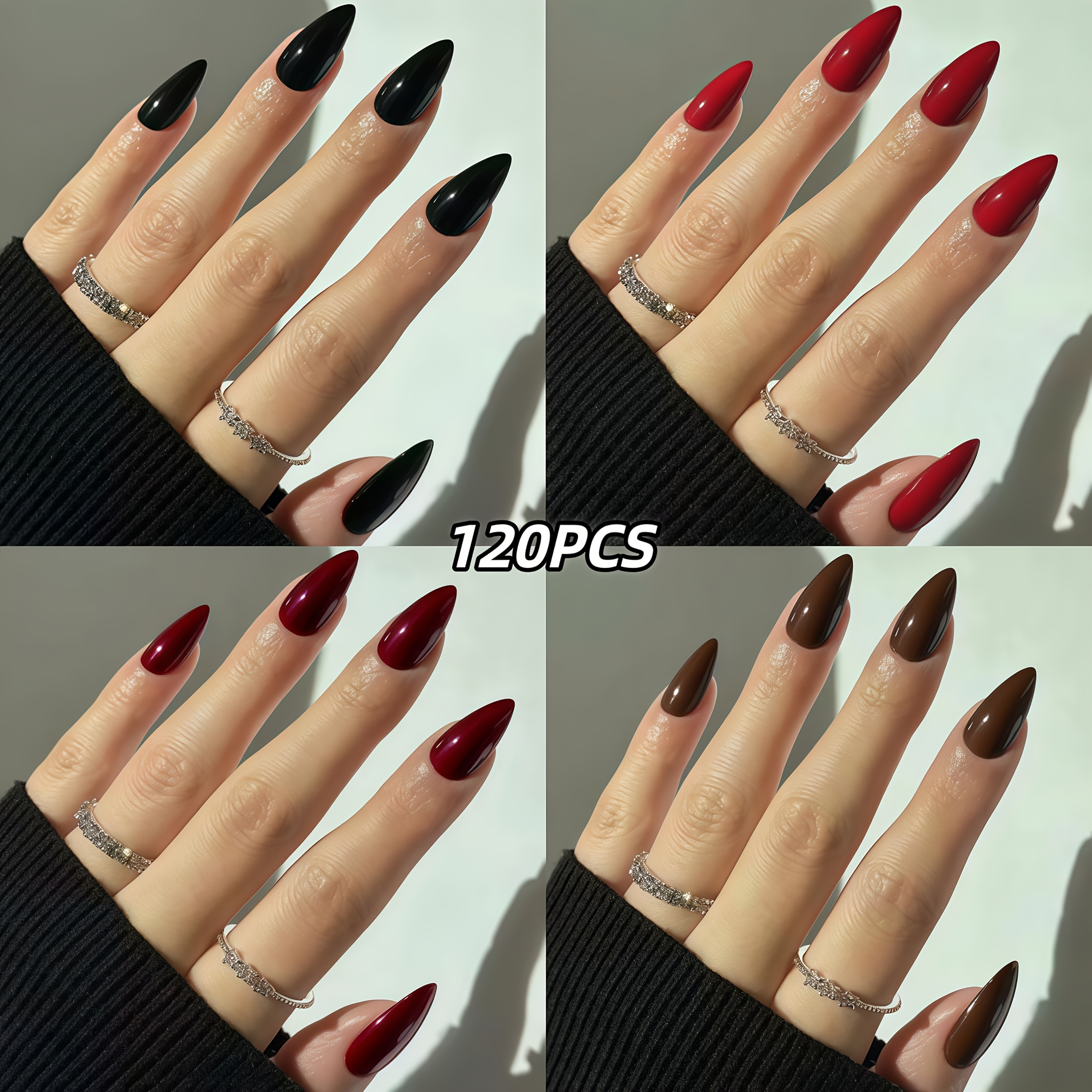 TEMU 120 pièces Ongles Artificiels Style Court 4 Couleurs : Noir, Rouge, Bordeaux, Marron. Ongles Press-On Réutilisables avec Couverture Acrylique