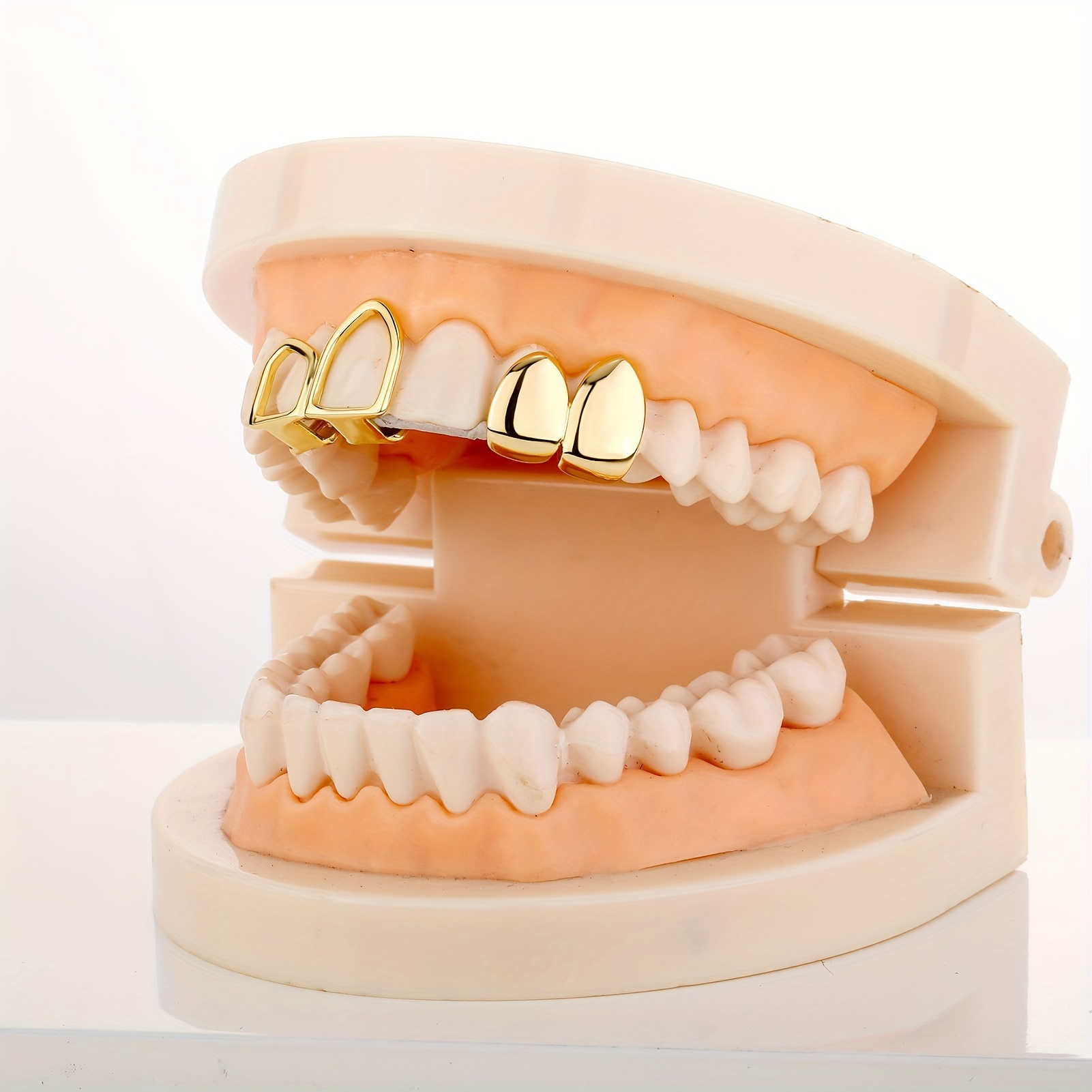 

14k Gold Plated Copper Teeth Grills, 2pcs Set, Hip Hop Hollowed , Unisex Dental Grills For Adults, Party Accessory, Age 14+