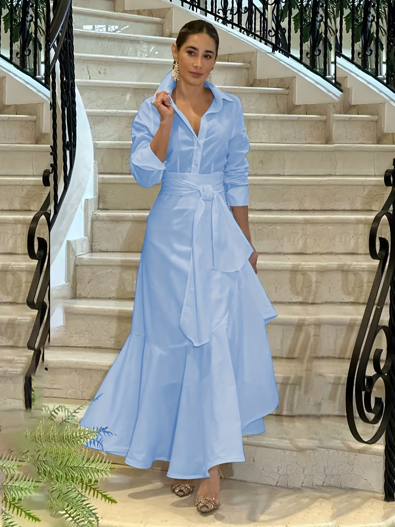elegant blue maxi dress belt flowy loose fit long sleeve Temu