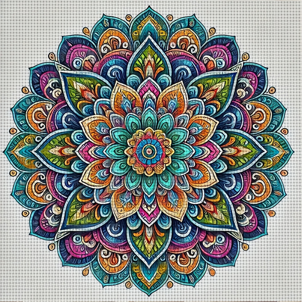 TEMU 1pc Printed Cross Stitch Diy Kit, Pattern: Colorful Mandala , Relaxing Diy Cross Stitch Set For Adult Beginners, Includes Printed Canvas,