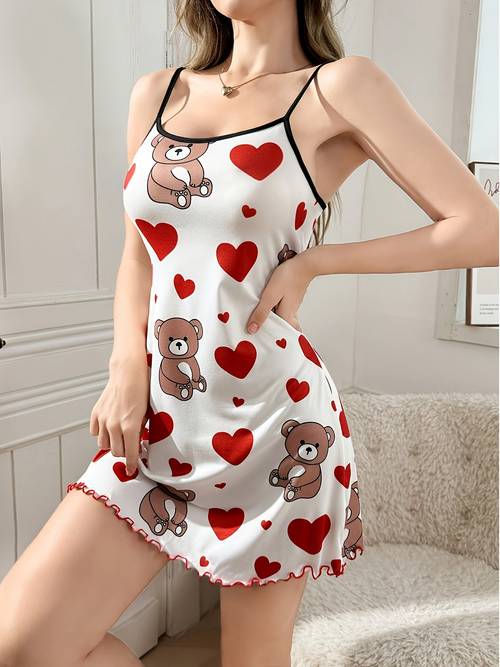 womens spaghetti straps bear heart print camisole nightgown casual for daily wear