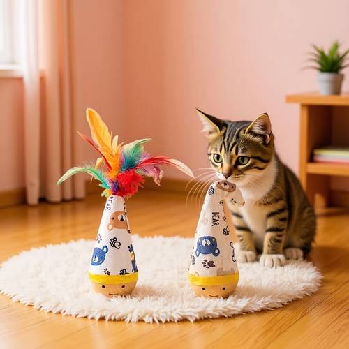 cartoon printed cat tumbler teasing cat toy durable wooden base interactive provides exercise and entertainment for cats suitable for all breeds and sizes durable cat toy with artificial feather and without feather styles