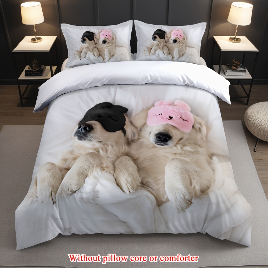 2 3pcs 1 duvet cover 1 2 pillowcase without core couple valentines day romantic golden retriever two   dogs lying on a white bed wearing eye masks funny print soft comfortable bedding set for bedroom dorm room family gift Product details 0