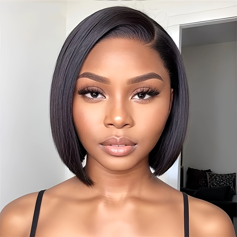 TEMU Bob Wigs Real Human Hair Straight Bob Style For Elegant Woman 13x4 Hd Front Lace Part Shoulder Length Black Color 250 % Density For All People