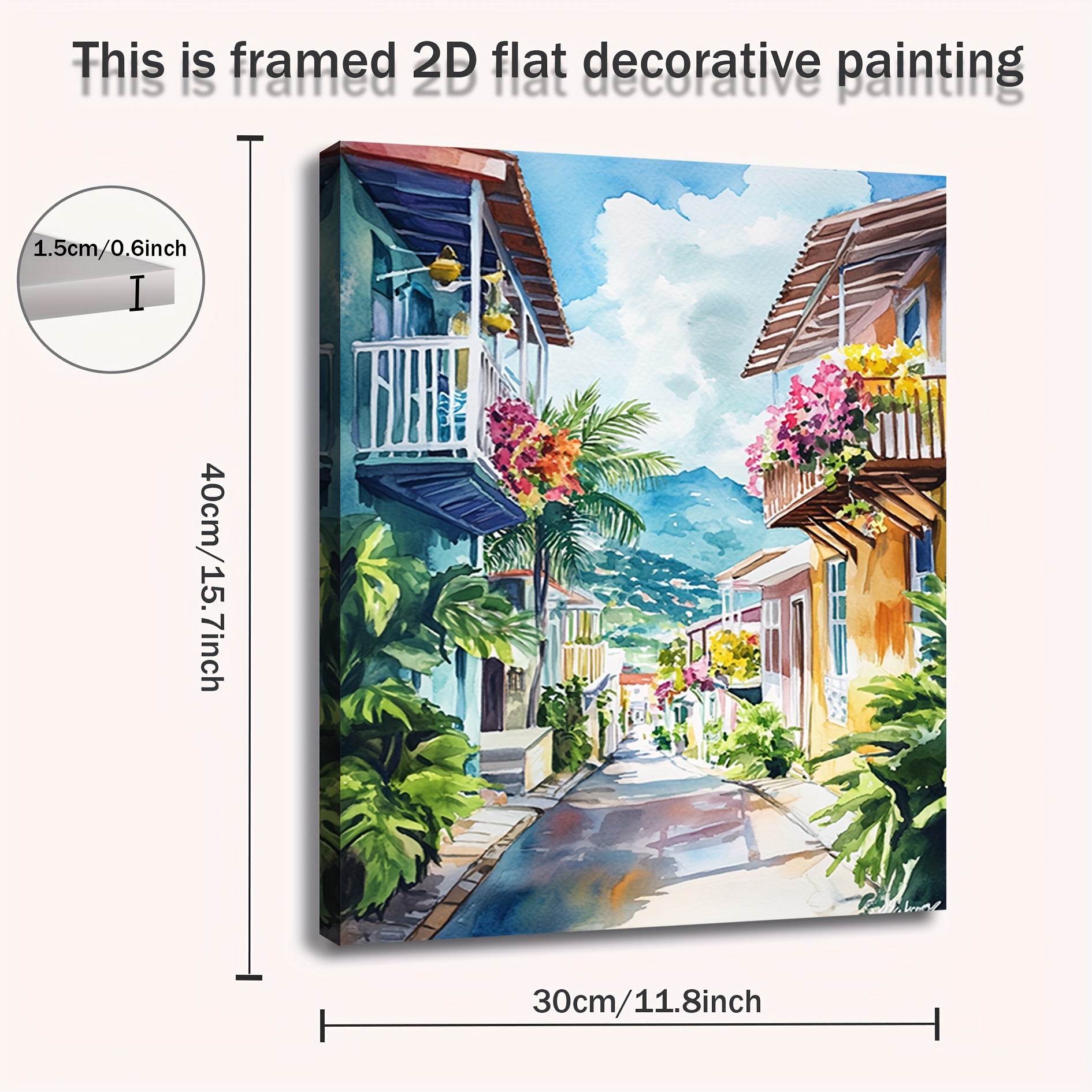 TEMU 1 pc Toile d'Art Mural Aquarelle Vintage - Peinture Encadrée en Bois de Rues de la Guadeloupe avec Palmiers et Balcons, Décor Maison pour Salon,