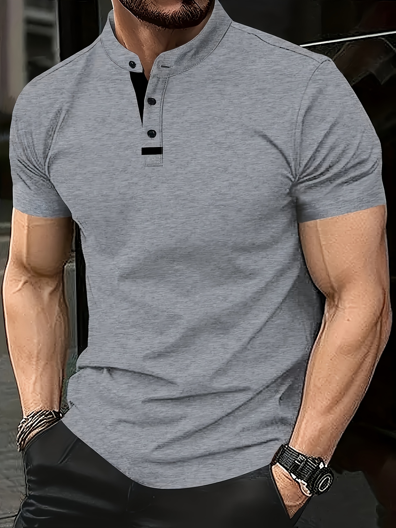 Plus-Size Men's Short-Sleeve Casual T-Shirt - Slight Elasticity, Classic Solid Color & Button Detail, Breathable Stand-Up Collar for Spring/Summer Wear, Stylish Plussize Top, PLUS SIZE