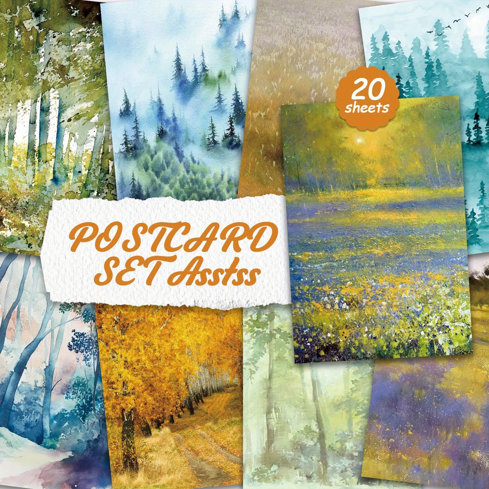 TEMU Set Of 20 Watercolor Landscape Postcards Designed For Writing On Cardboard, Featuring A Suitable For English Scrapbooking, Journaling, Crafts,