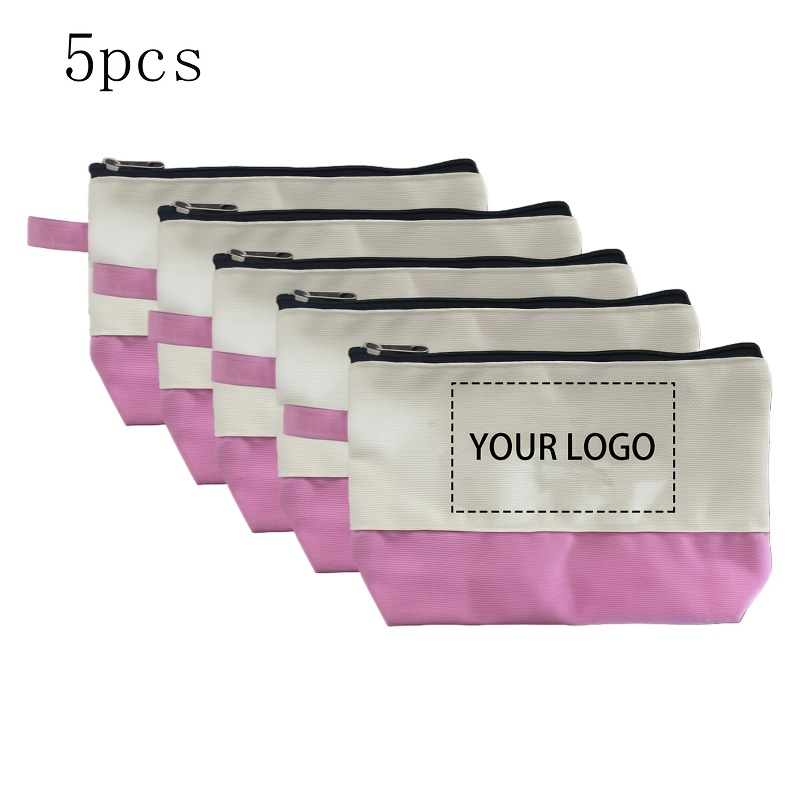 TEMU Bolsa de Maquillaje con Cremallera Personalizable Blanca y Rosa - 5pcs/10pcs, Logo Personalizado, Gran Capacidad Duradera, Multifuncional, Ideal