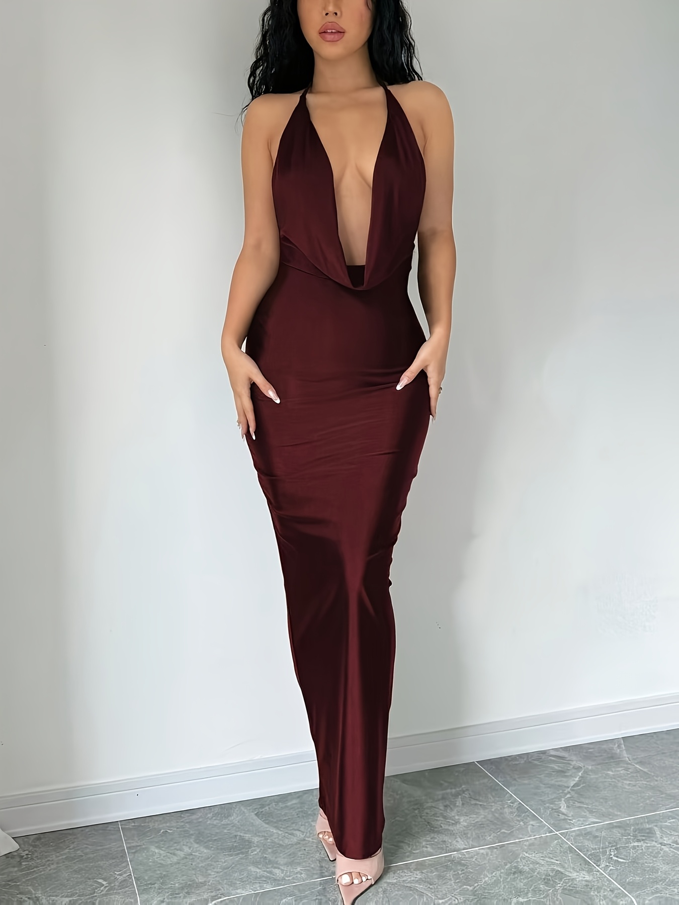 elegant shoulder maroon party dress women sleeveless