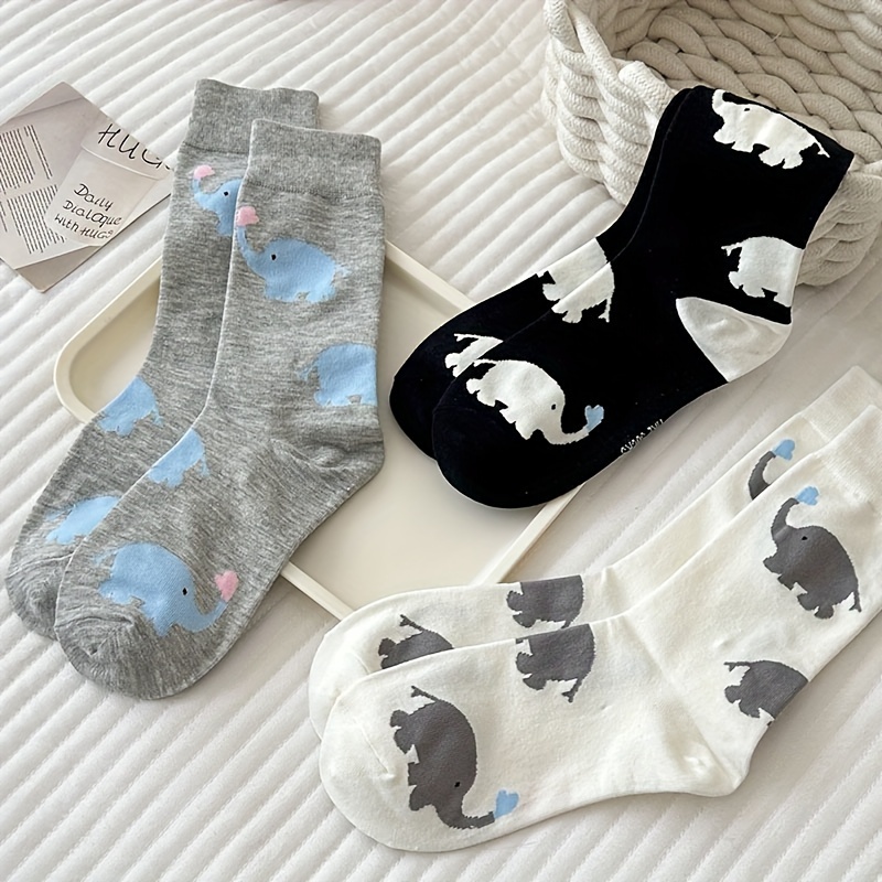 

3 Pairs Women's Cute Elephant Simple Fashion Comfortable Versatile Style Mid Tube Socks