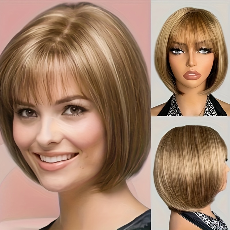 Image of 10-inch Straight Synthetic Honey Blonde Bob Wig For Women, With Fluffy Ends And Cap, Made Of High-temperature Fiber, For Mother's Day