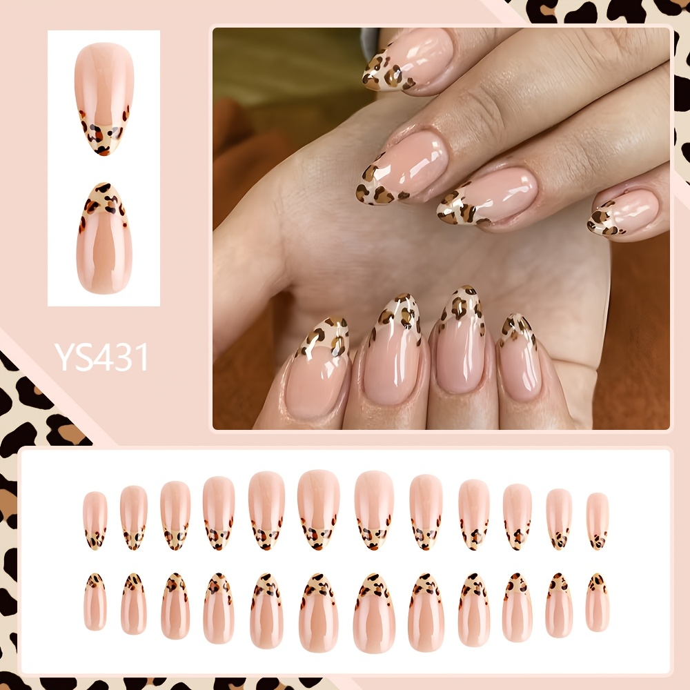 Image of 24pcs Nude Almond Fake Nails, Leopard Print Vintage Stickers, Perfect For Women' Dates And Parties
