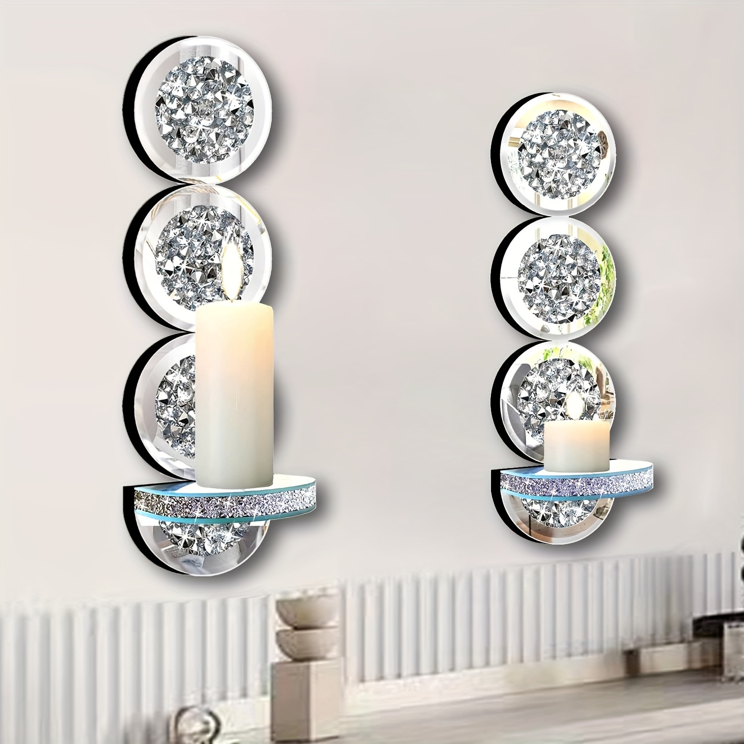 

Elegant Glass Wall-mount Candleholder Set Of 2, Polished With Sparkling Crystals, Decorative Wall Sconce For Living Room And Bedroom