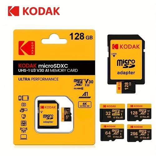 kodak memory card 32gb 64gb 128gb 256gb with adapter high speed flash tf card v30 a1 c10 suitable for tablet camera phone laptop pc car audio game console audio store your files