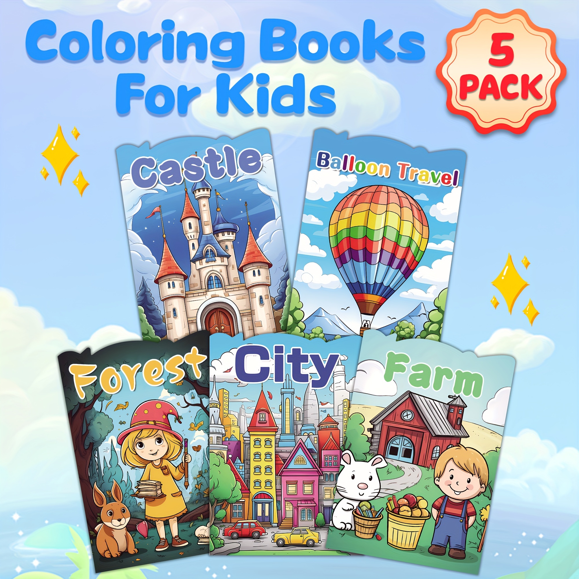 

5-pack Kids Coloring Books Set - Themes Include Castle, Balloon Travel, Forest, City, Farm - Educational & Fun For Ages 3+ Boys & Girls