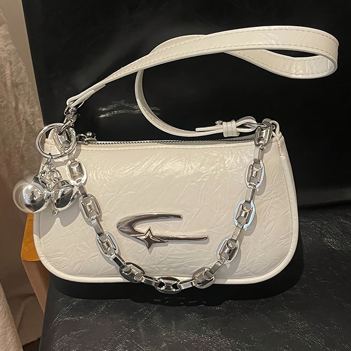 TEMU 1pc Fashionable Women's Crossbody Bag, Pu Material, Metal Star Decoration, Chain Decoration, Spherical Decoration, Y2k Style, Metal Texture,