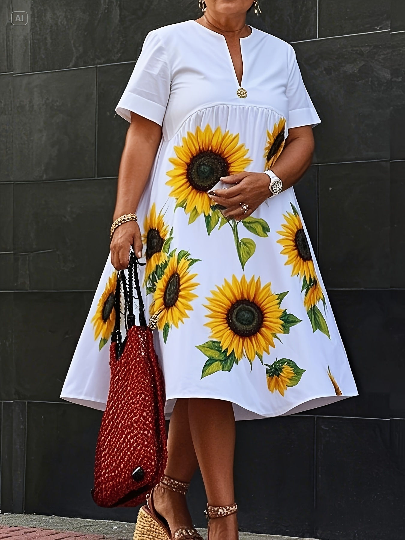 Sayhi Women's Casual Dresses Plus Size Boho Floral Casual House Dress With Pockets Flowy Swing Loose Sun Button Up Below The Knee Length Midi