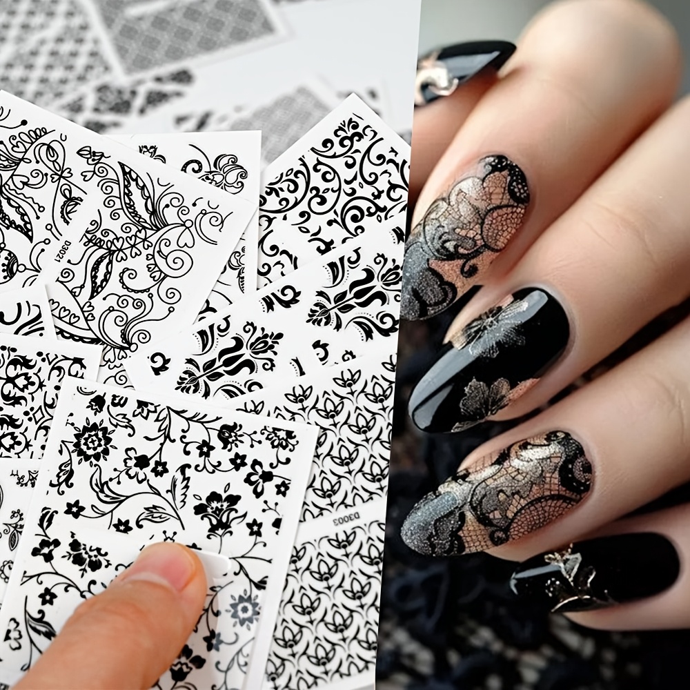 

30pcs Elegant Black & White Lace Floral Nail Art Stickers Set - Sexy With Geometric Patterns, Self-adhesive Diy Manicure Decals For Plastic Nails, Flowers, Sliders, Decoration