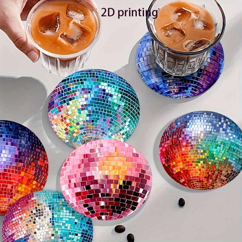 Image of 2d Printed Birthday Edition Set Of 6 Disco Ball Coasters, Heat-resistant Mats, And Cup Protectors For . Suitable For Cafes, Offices, Kitchens, Dining Rooms, And As Birthday Or Christmas Gifts