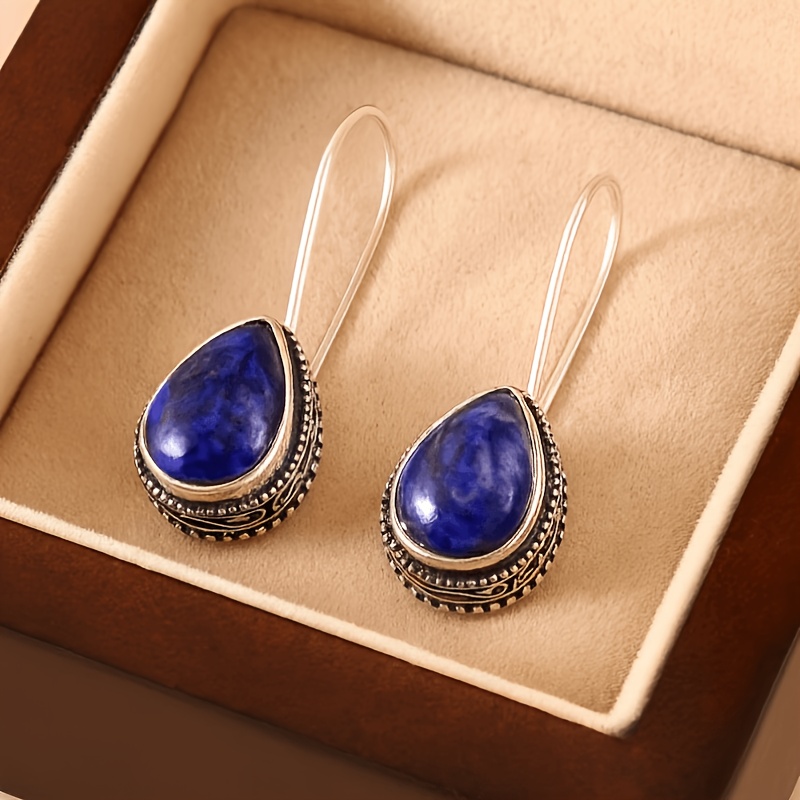 Women's Bohemian Teardrop Pendant Earrings with Blue Main Stone