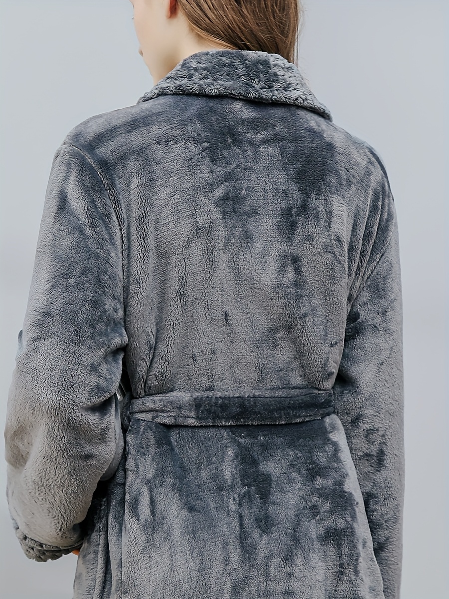 1pc Bathrobe Women or Men Plus Size for Winter & Spring & Autumn, No Hooded, Grey, Long, Flip Collar, Plush Robe for Bathroom, Bedroom, Thicken Flannel Towel for Shower, Sleepwear Gown, Can As Couple Home Clothes Robes