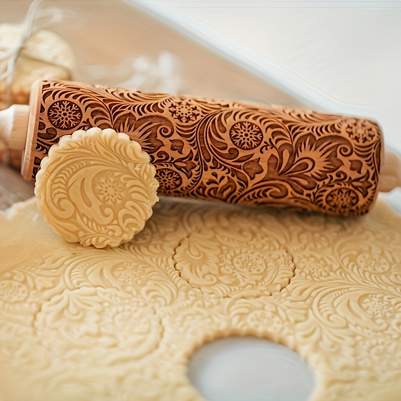 

1pc Engraved Wooden Rolling Pin For Biscuit Decoration - Laser- Flower And Patterns, Food-safe Kitchen Baking Tool, Ideal Christmas Gift