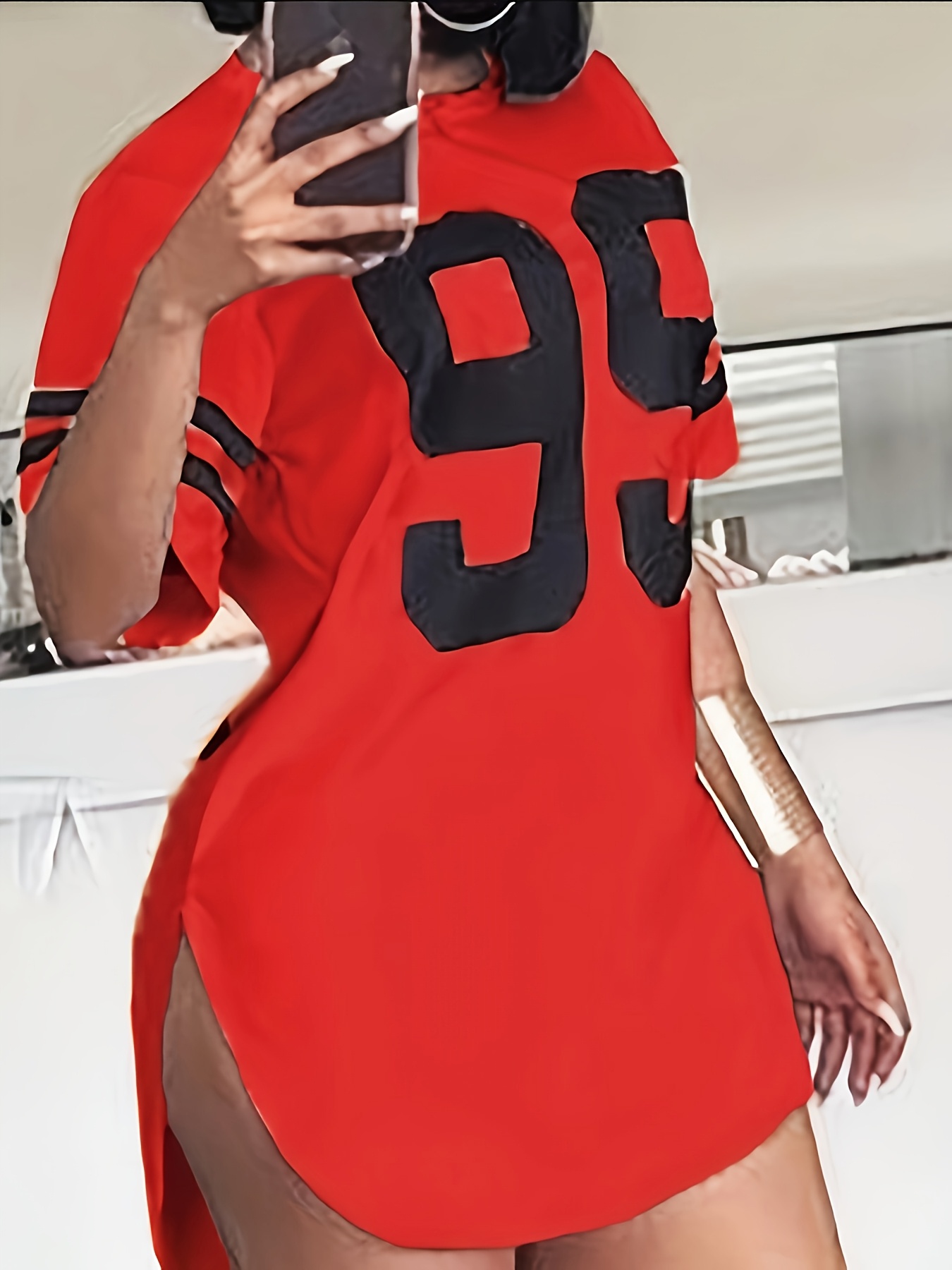 Women's Casual Longline T-Shirt with Bold '99' Graphic Print - Vibrant Blue Relaxed Fit, Mid-Stretch Machine-Washable Fabric for All-Season Comfort, Cute T Shirts, Everyday Clothing, Sporty Aesthetic, Stretchy Material