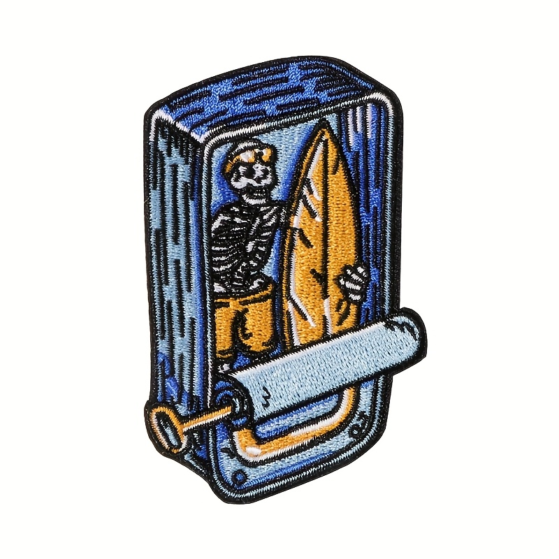 TEMU 1pc Surfing Skeleton Iron-on Patch, Fun Surf-themed Embroidery Applique, Tuna Sea Patch, Can Accessory, Surfboard Iron-on Patch For Clothes,
