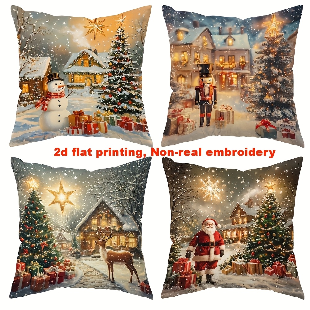 TEMU 2D Flat - 4 pezzi, per cuscino, Stampa 2D Flat, Tema natalizio, Stampata con , Albero di Natale, Motivo di Avvolgicolpi, Bella e , Adatta per la