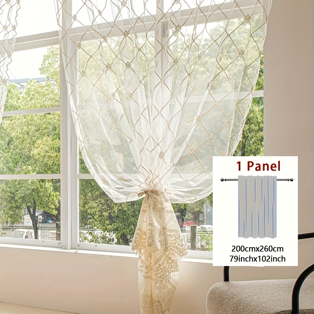TEMU 1pc French Check Embroidery White Sheer Window Scarf, Top Rod Pocket Hook Hanging Installation, Modern Geometric Jacquard Weave, Romantic
