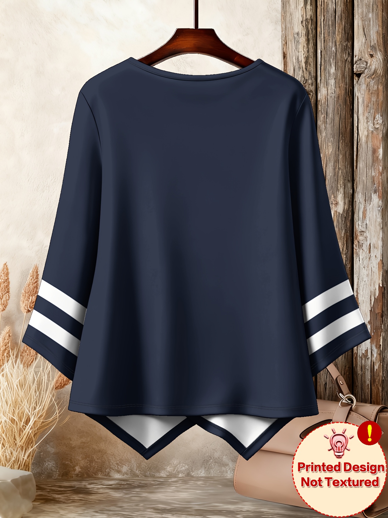 plus size plus size printed design not textured fashionable   neck plus size   rope print artistic ocean nautical   comfortable cross back asymmetrical womens round neck 3 4 sleeve t shirt for spring summer holiday gif
