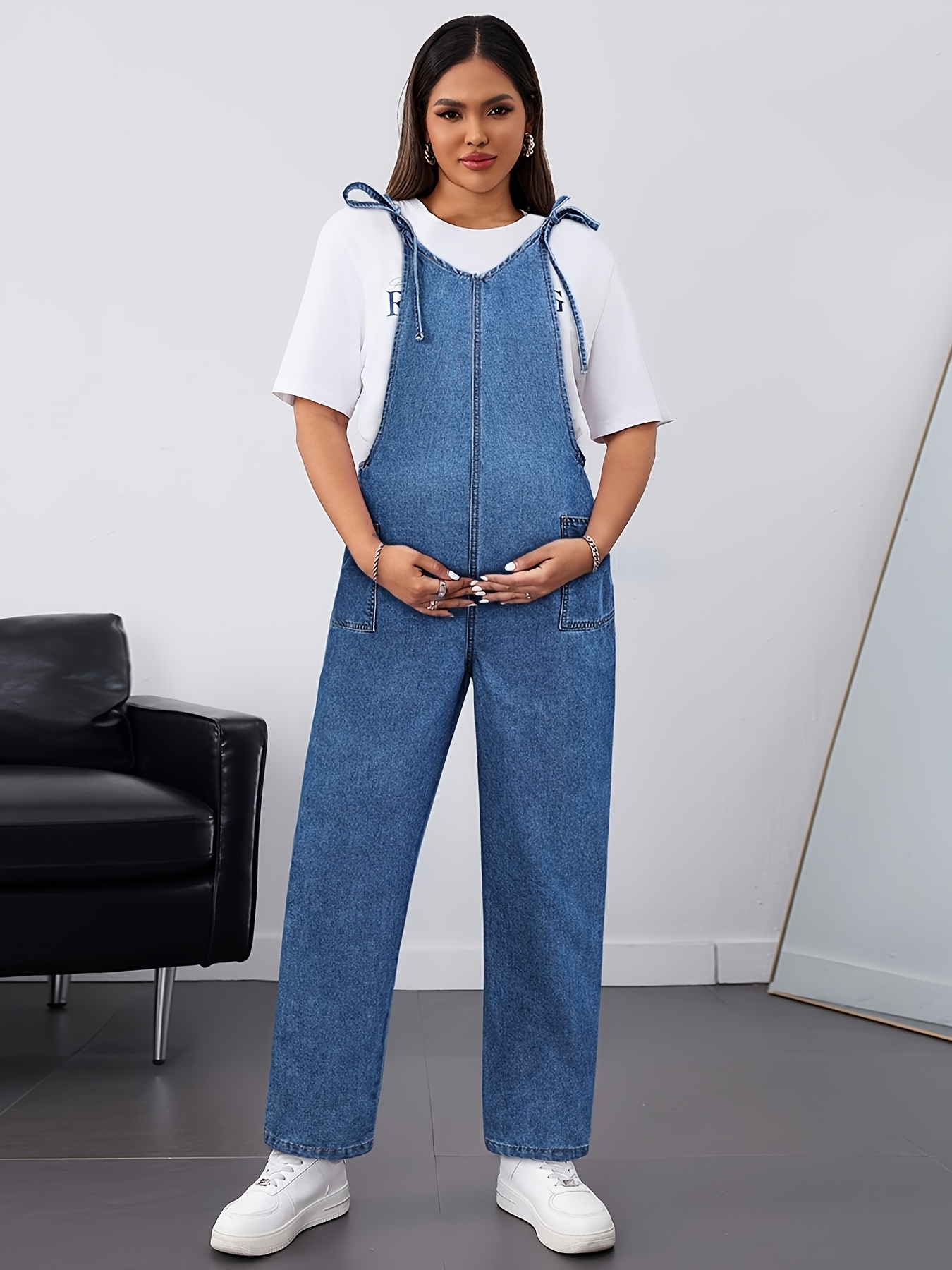 's Maternity Jeans Heavy-Duty Stretch-Free Wide-Leg Pregnancy Pants  with Washed Denim Look, Belt Loops Button Closure *-Fit Straig