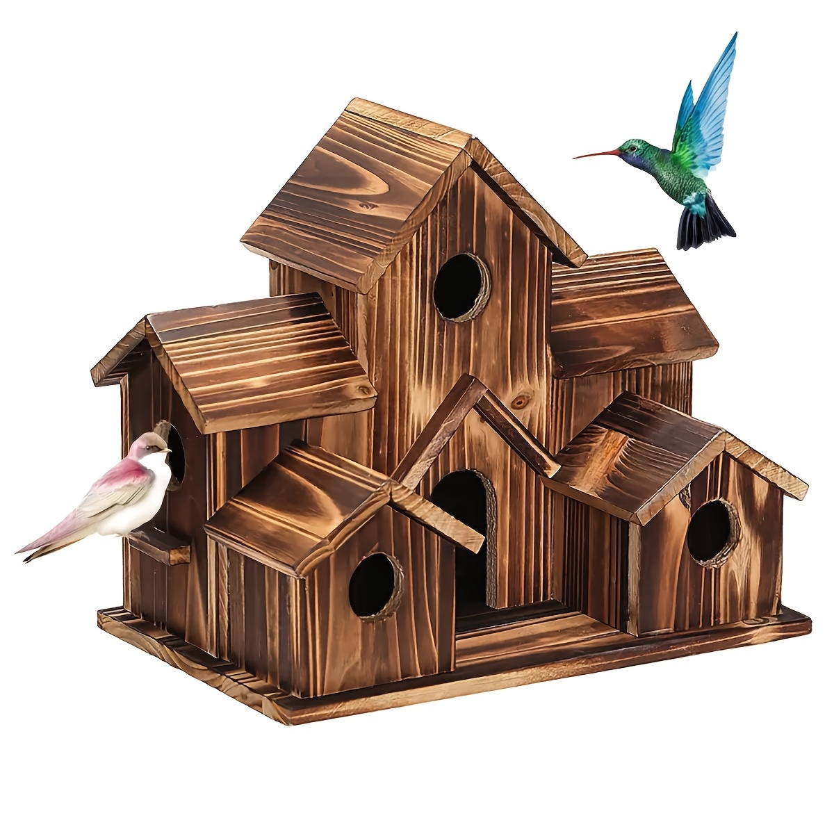 TEMU 1pc Outdoor Bird House, Feeding Birds In Areas, Small House Style Bird House, Outdoor Blue Bird Chicken Sparrow Nest Box, Natural Wooden