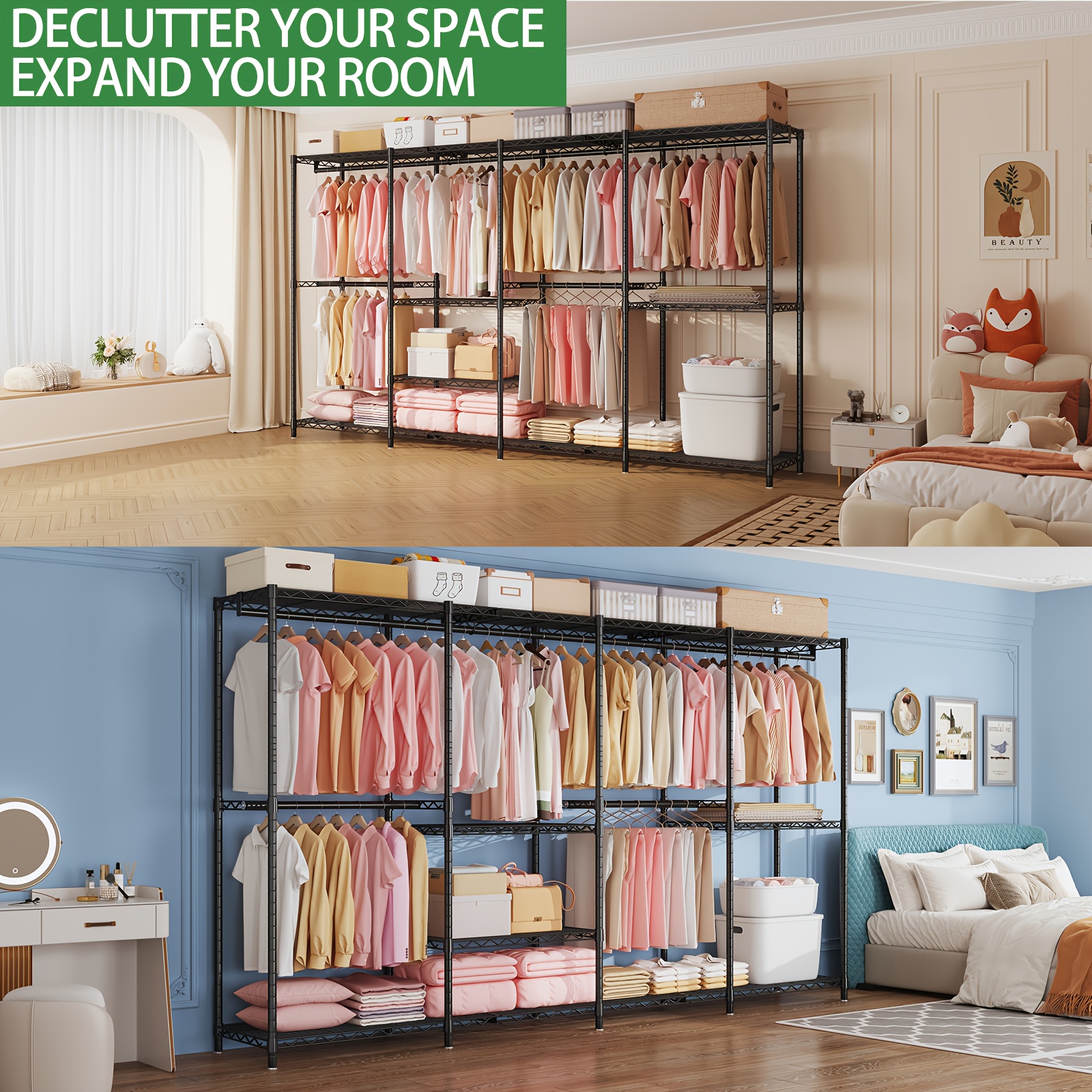 E-shop Kleiderständer, Hochbelastbares, Extra Großes Kleiderschrank-System, 4 Säulen, 4 Ebenen, Modularer Rahmen aus Kohlenstoffstahl, 11 Regalböden,