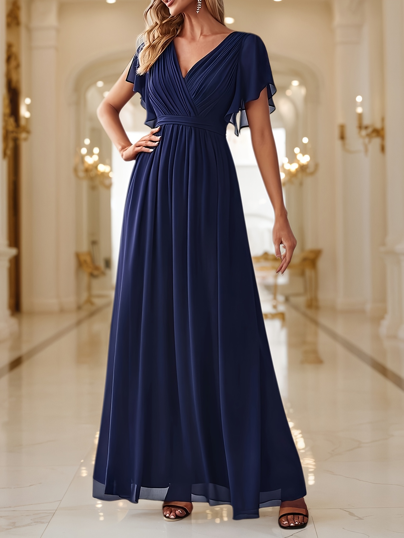 sachin and babi light blue dress Long Sleeve Clip Dot Chiffon Dress with Smocked Waist and Cuffs Navy Hydrolily / L main image 1